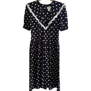 Vintage Miss Dorby Dress 14 Black White Polka Dot Cottage Core Coquette Prairie